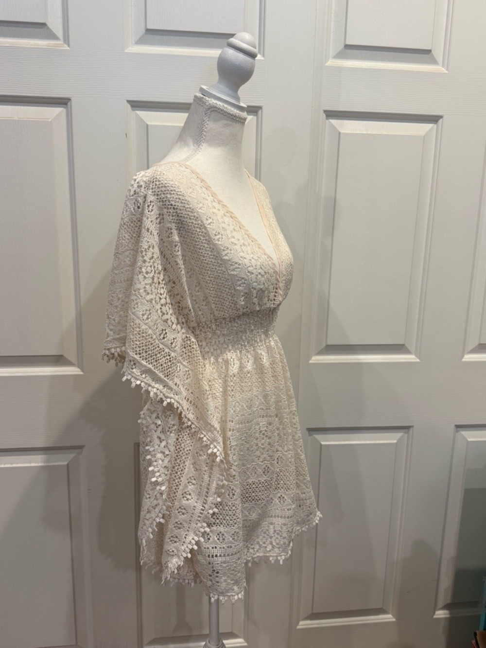 Cream Lace Boho Mini Dress / Swim Cover Open Back Festival Resort - Picture 2 of 7